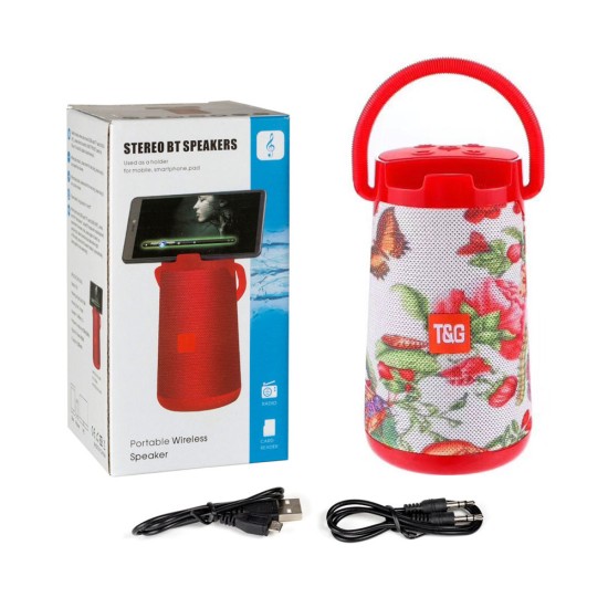 T&G WATERPROOF WIRELESS BLUETOOTH SPEAKER TG-138 FM/TF/AUX/USB/HANDS-FREE RED FLOWER